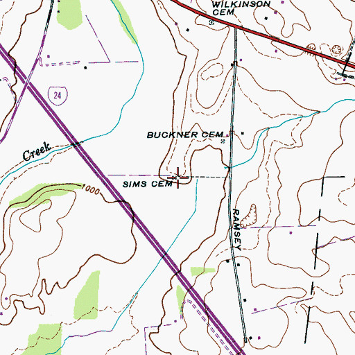 Topographic Map of Sims Cemetery, TN