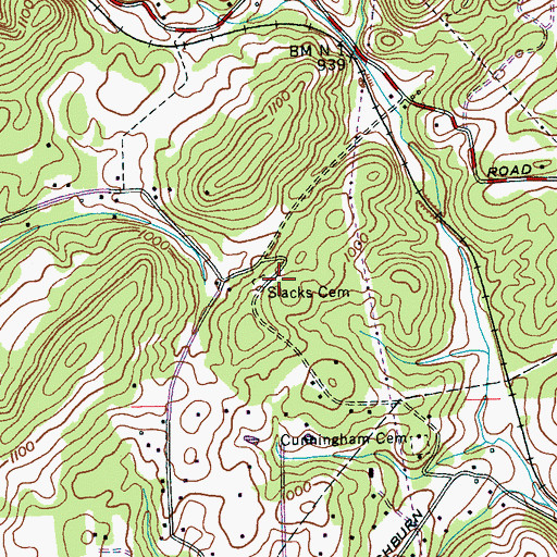 Topographic Map of Slacks Cemetery, TN