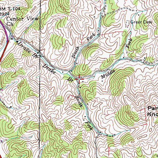 Topographic Map of South Fork Drake Branch, TN