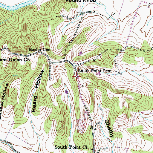 Topographic Map of South Point Cemetery, TN