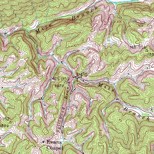 Topographic Map of Splitwood Branch, TN