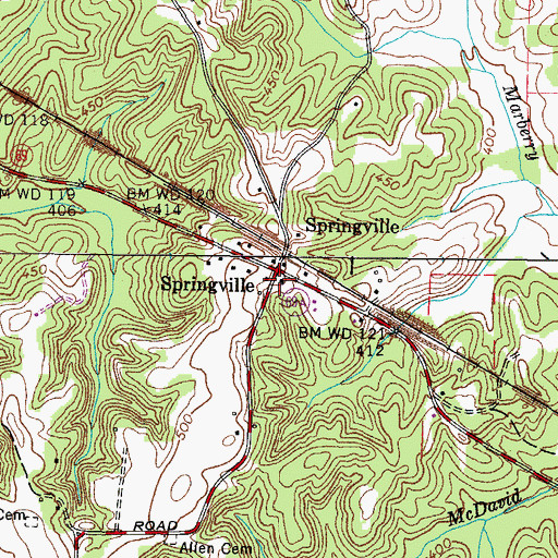 Topographic Map of Springville, TN