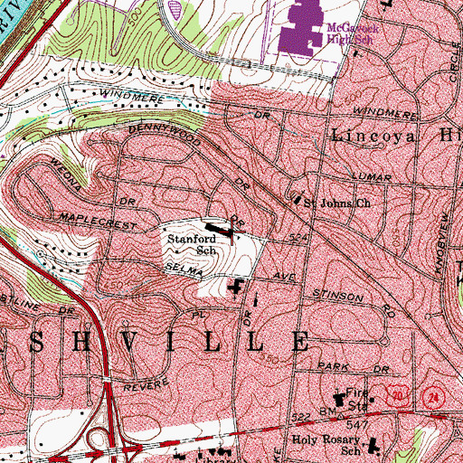 Topographic Map of Stanford School, TN