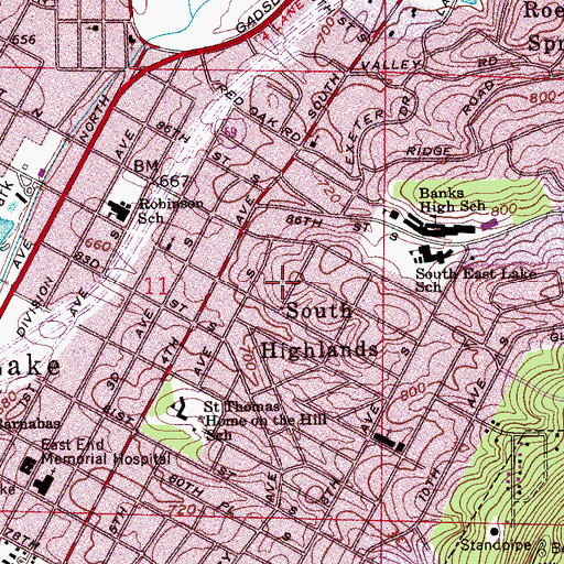 Topographic Map of South Highlands, AL