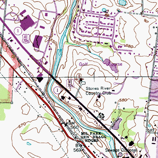 Topographic Map of Stones River Country Club, TN