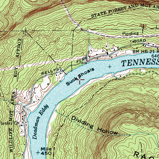 Topographic Map of Suck Shoals, TN