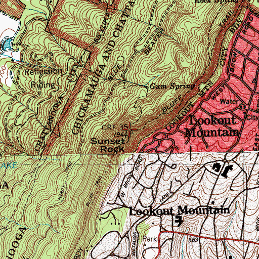 Topographic Map of Sunset Rock, TN