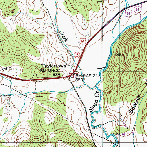Topographic Map of Taylortown, TN