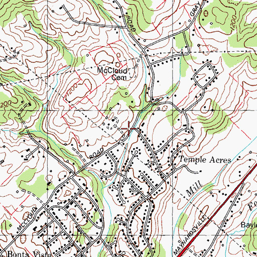Topographic Map of Temple Acres, TN