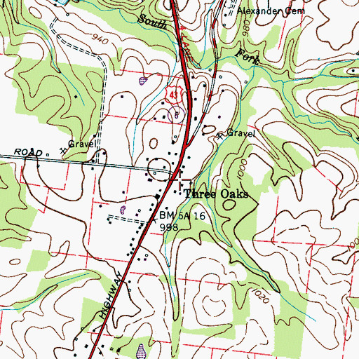 Topographic Map of Three Oaks, TN