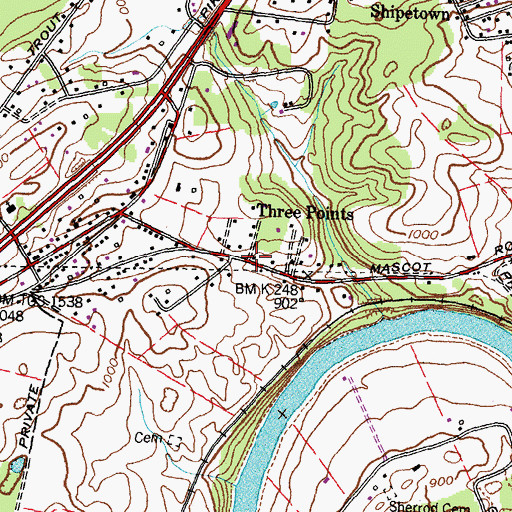 Topographic Map of Three Points, TN