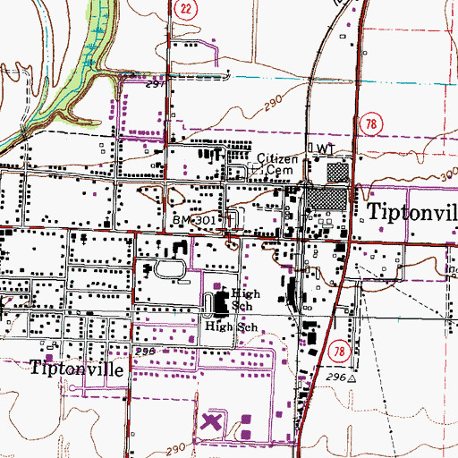 Topographic Map of Tiptonville, TN