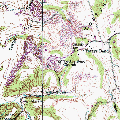 Topographic Map of Tottys Bend Church, TN