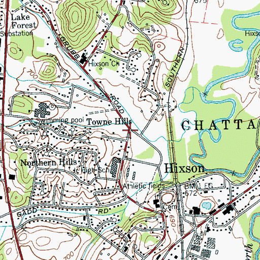 Topographic Map of Towne Hills, TN
