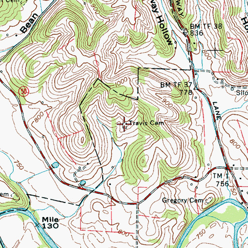 Topographic Map of Travis Cemetery, TN