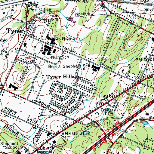 Topographic Map of Tyner Hills, TN