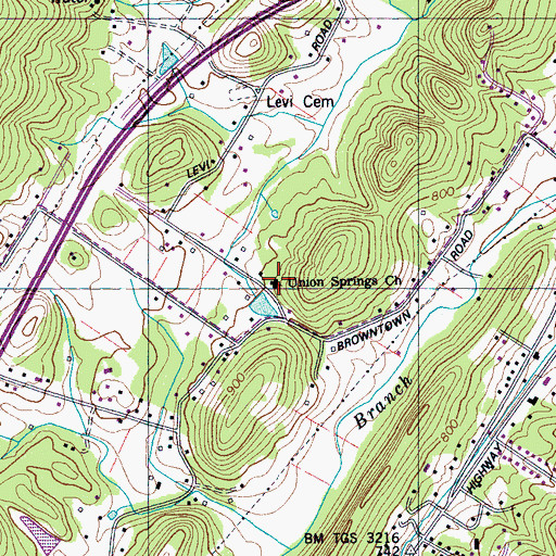 Topographic Map of Union Springs Church, TN