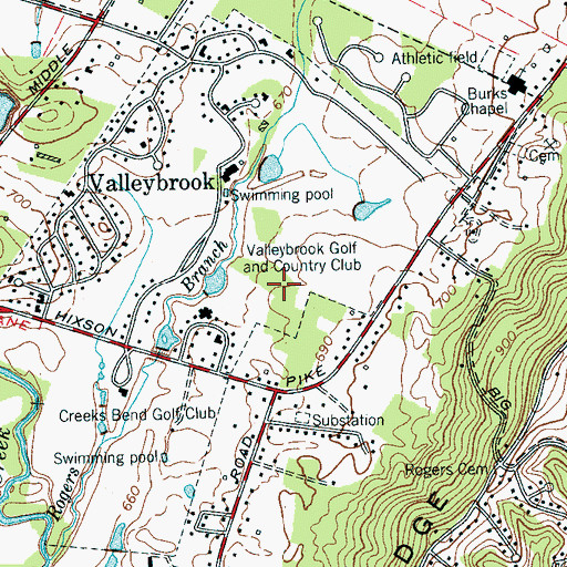 Topographic Map of Valleybrook Golf and Country Club, TN