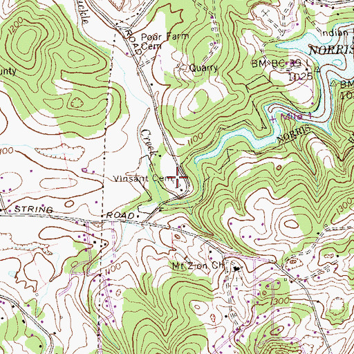 Topographic Map of Vinsant Cemetery, TN
