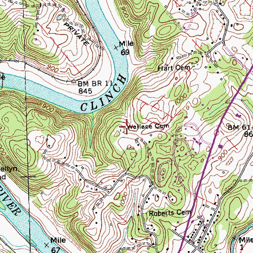 Topographic Map of Wallace Cemetery, TN