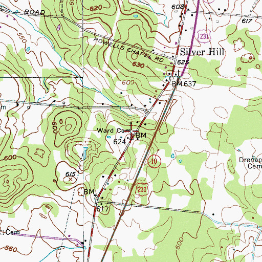 Topographic Map of Ward Cemetery, TN