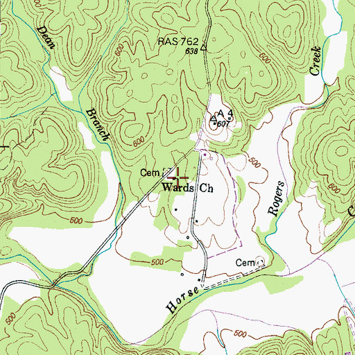 Topographic Map of Wards Church, TN