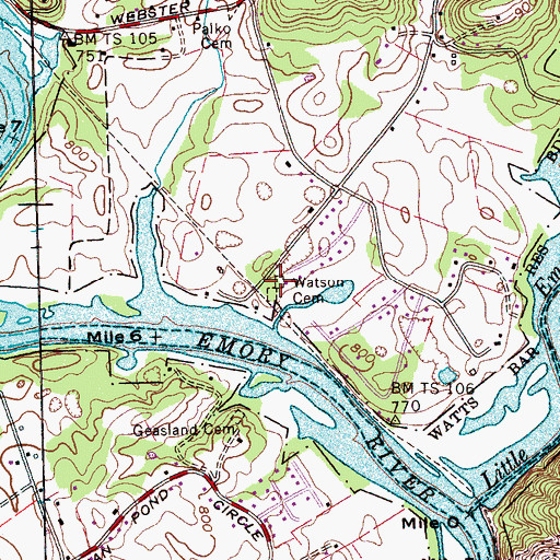 Topographic Map of Watson Cemetery, TN