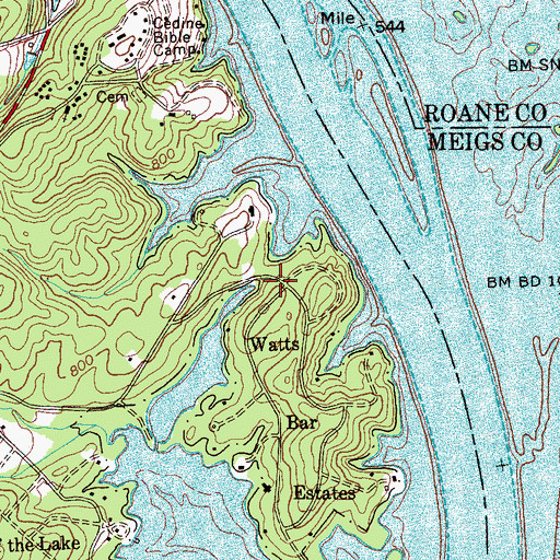 Topographic Map of Watts Bar Estates, TN