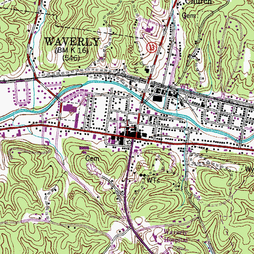 Topographic Map of Waverly, TN