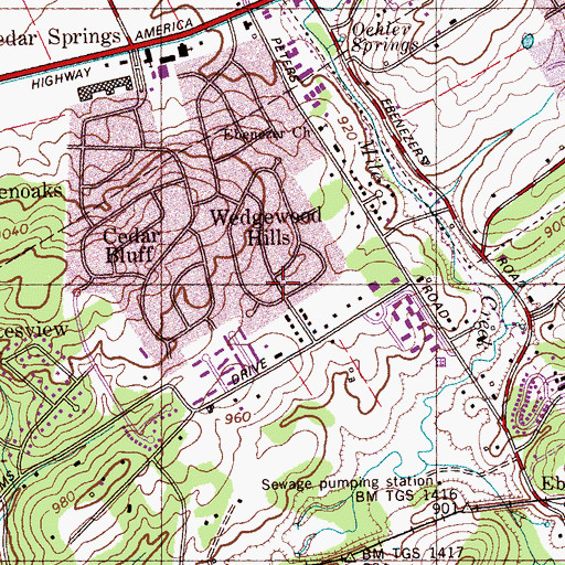 Topographic Map of Wedgewood Hills, TN