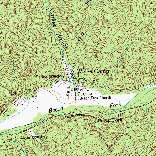 Topographic Map of Welch Camp, TN