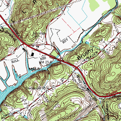 Topographic Map of West Branch Bull Run Creek, TN