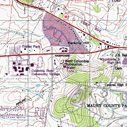 Topographic Map of West Columbia Substation, TN