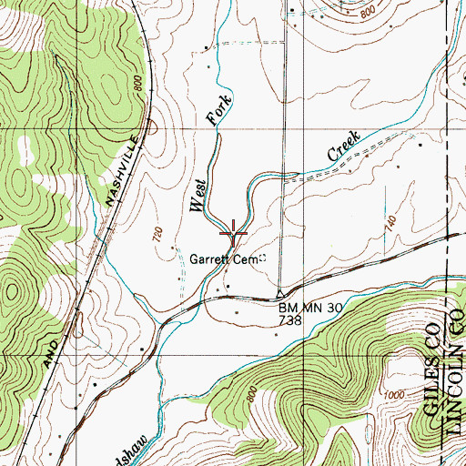 Topographic Map of West Fork Bradshaw Creek, TN