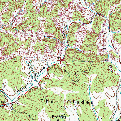 Topographic Map of West Prong Bird Creek, TN