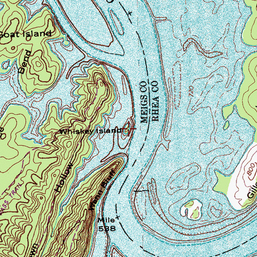 Topographic Map of Whiskey Island, TN