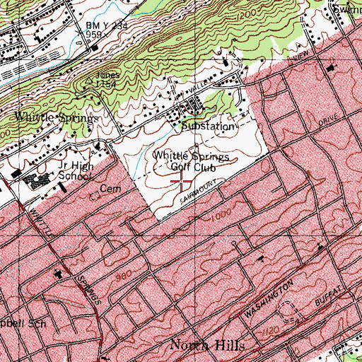 Topographic Map of Whittle Springs Golf Club, TN