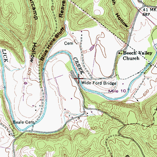 Topographic Map of Wide Ford Bridge, TN