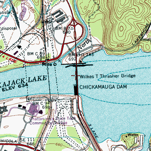 Topographic Map of Wilkes T Thrasher Bridge, TN