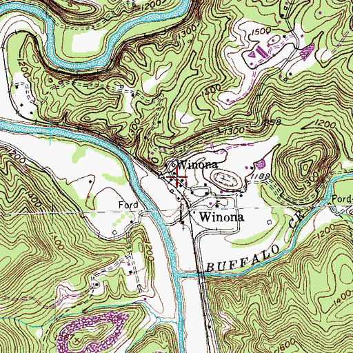 Topographic Map of Winona, TN