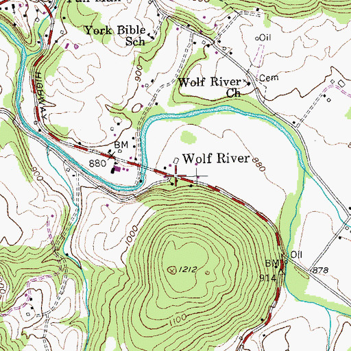 Topographic Map of Wolf River, TN