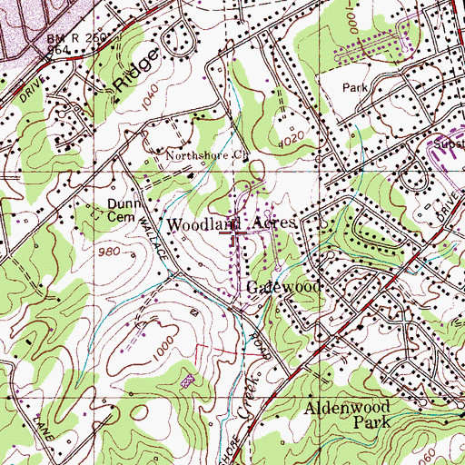 Topographic Map of Woodland Acres, TN