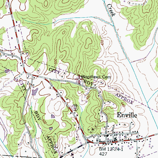 Topographic Map of Woodlawn Cemetery, TN