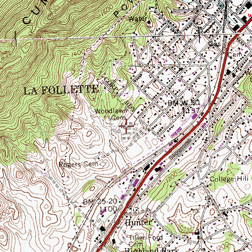 Topographic Map of Woodlawn Cemetery, TN