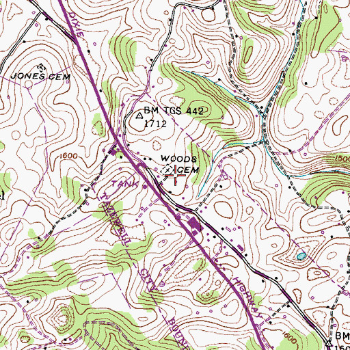 Topographic Map of Woods Cemetery, TN