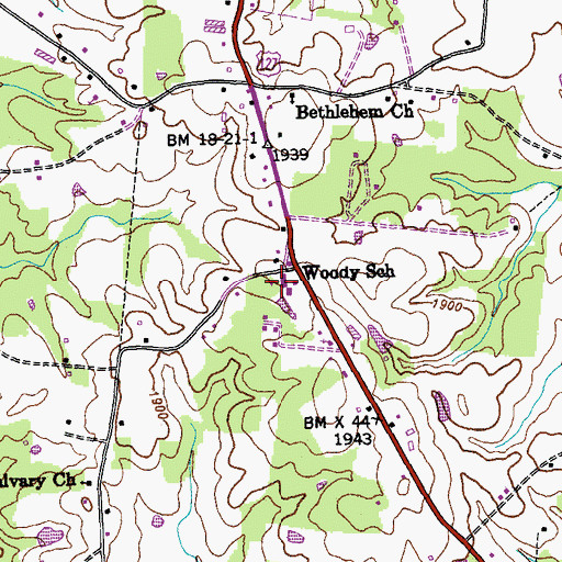 Topographic Map of Woody School, TN