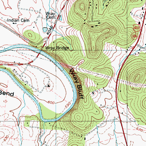 Topographic Map of Wray Bluff, TN
