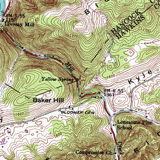 Topographic Map of Yellow Spring, TN
