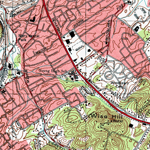 Topographic Map of Young High School, TN