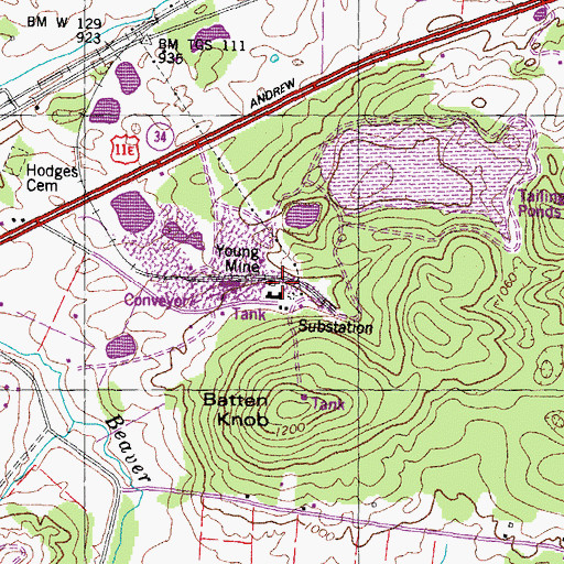 Topographic Map of Young Zinc Mine, TN